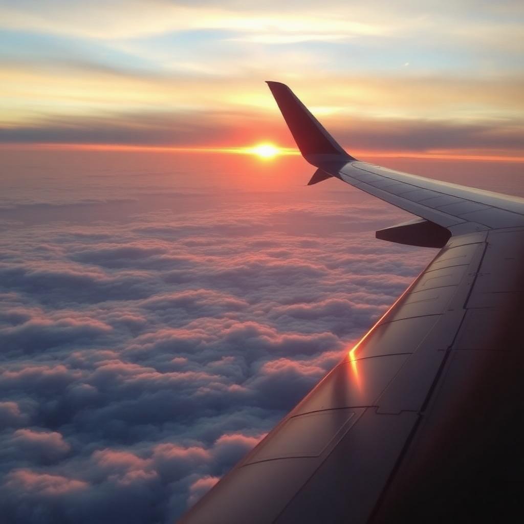 Aircraft wing above the clouds at sunrise