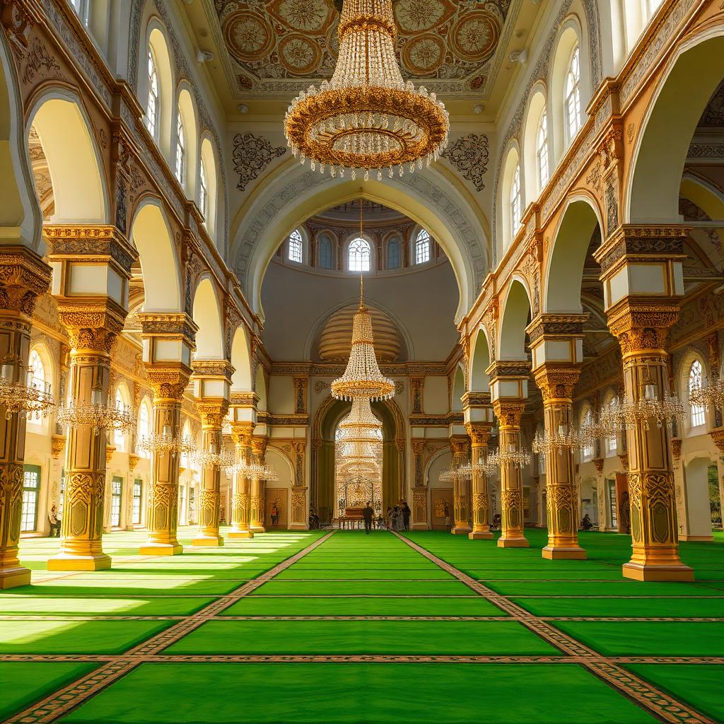 Interior of the Prophet's Mosque with green carpets