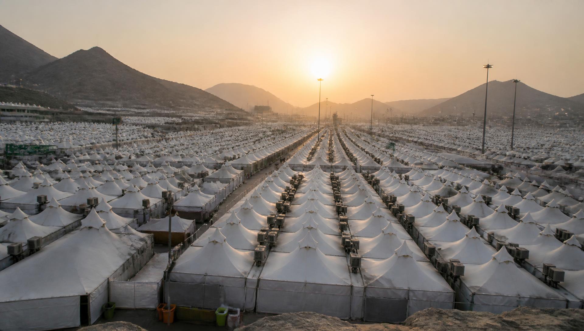 White pilgrim tents at Mina near Makkah at sunrise